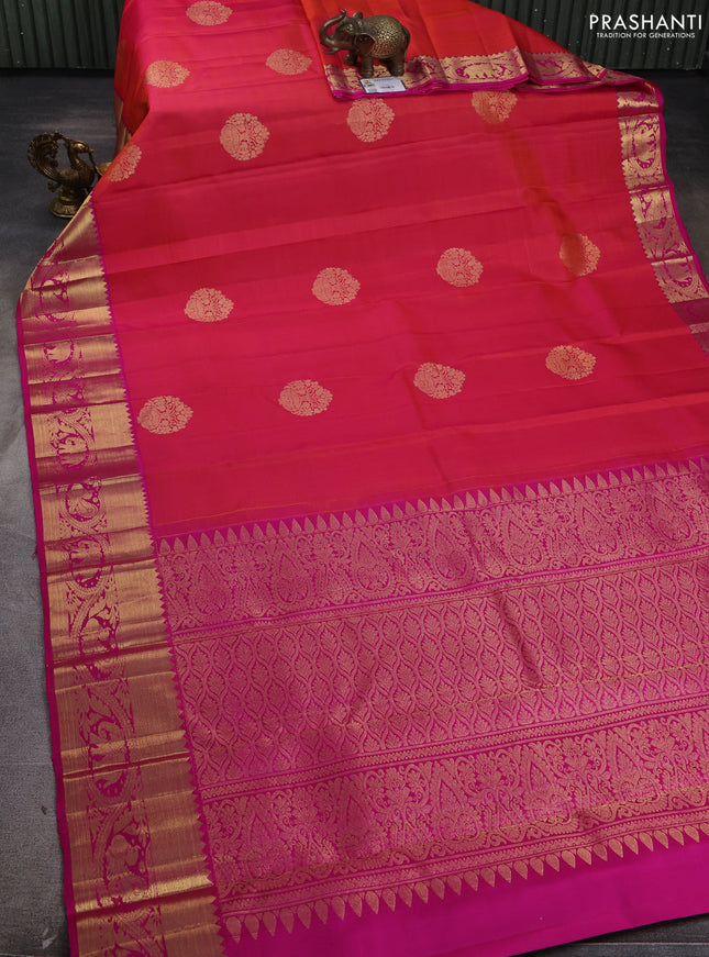 Pure kanchipuram silk saree dual shade of pinkish orange and pink with zari woven buttas and rich zari woven border