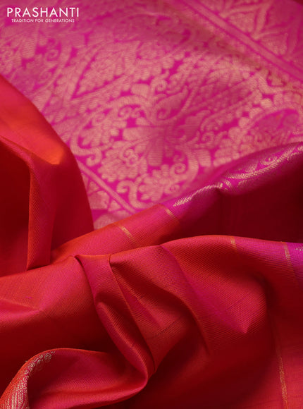 Pure kanchipuram silk saree dual shade of pinkish orange and pink with zari woven buttas and rich zari woven border