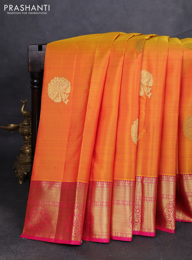 Pure kanchipuram silk saree dark mustard and pink with zari woven buttas and zarin woven border