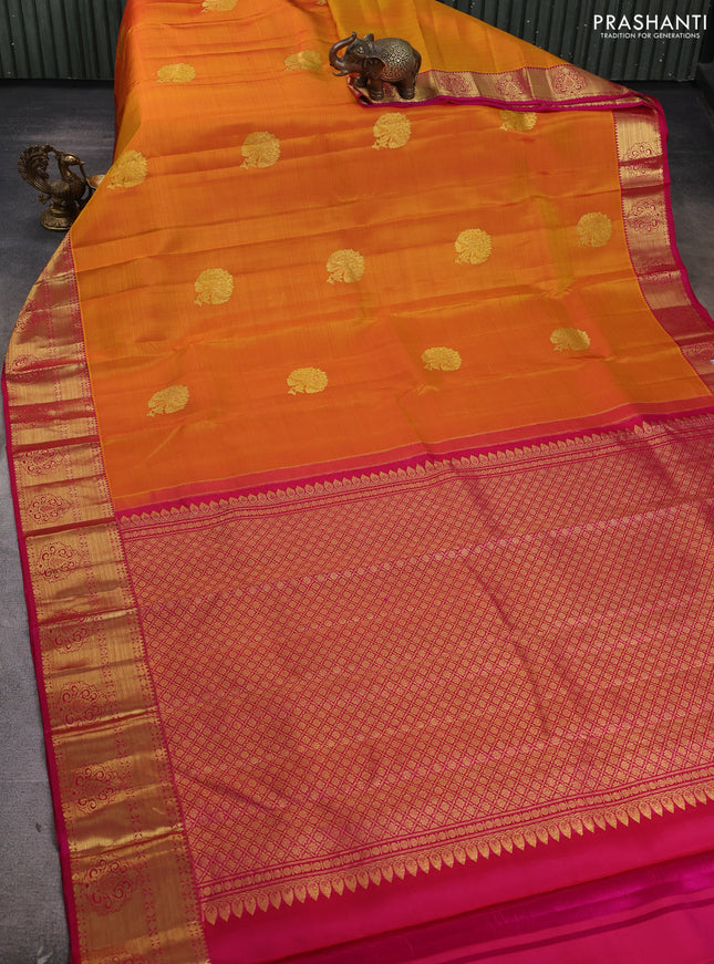 Pure kanchipuram silk saree dark mustard and pink with zari woven buttas and zarin woven border
