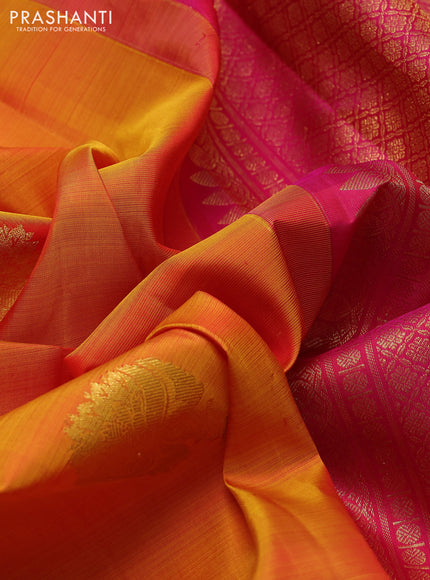 Pure kanchipuram silk saree dark mustard and pink with zari woven buttas and zarin woven border