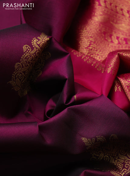 Pure kanchipuram silk saree dark magenta pink and pink with half & half style and rich zari woven border