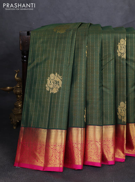 Pure kanchipuram silk saree bottle green and pink with allover small zari checks & buttas and zari woven border