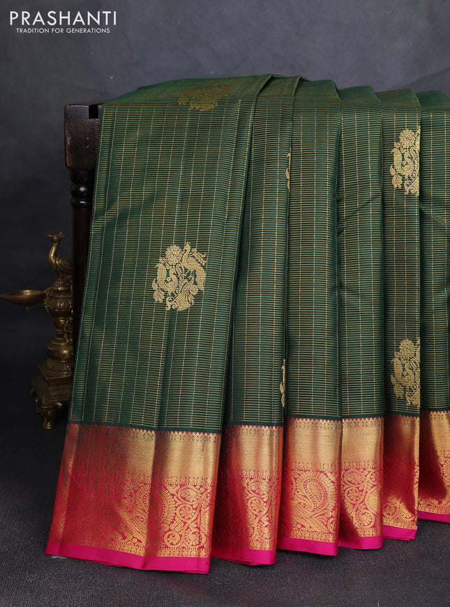 Pure kanchipuram silk saree bottle green and pink with allover small zari checks & buttas and zari woven border