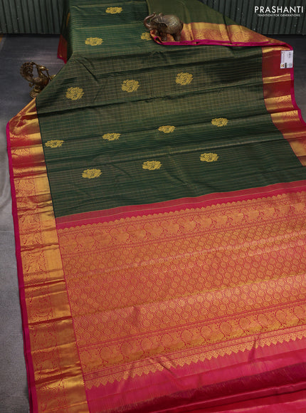 Pure kanchipuram silk saree bottle green and pink with allover small zari checks & buttas and zari woven border