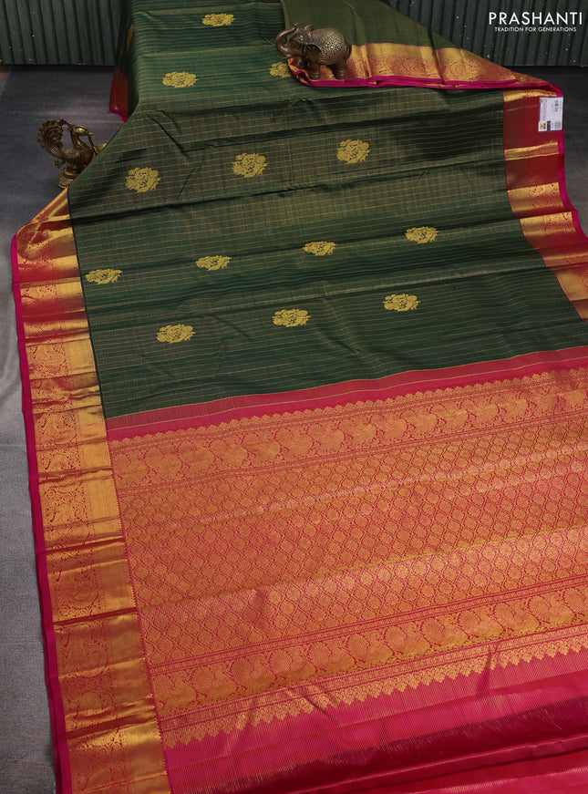 Pure kanchipuram silk saree bottle green and pink with allover small zari checks & buttas and zari woven border