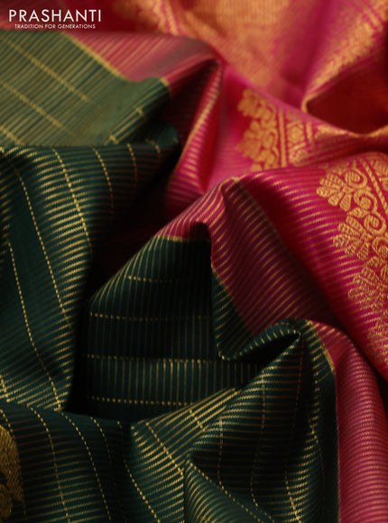 Pure kanchipuram silk saree bottle green and pink with allover small zari checks & buttas and zari woven border