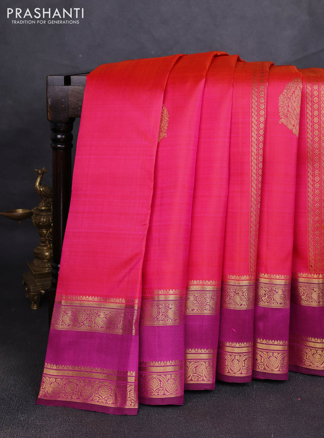 Pure kanchipuram silk saree dual shade of pinkish orange and magenta pink with allover zari weaves & buttasand rettapet zari woven border