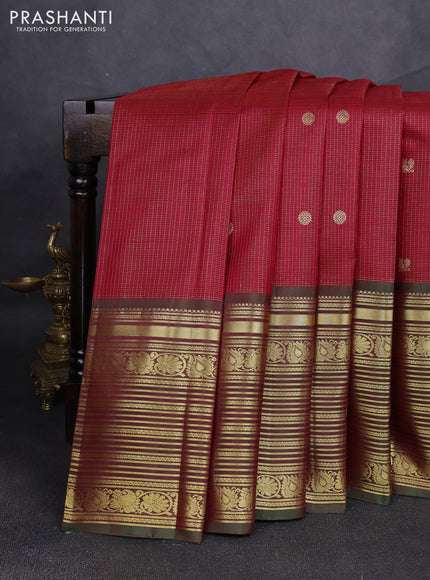Pure kanchipuram silk saree red and dual shade of green with allover small zari checks & buttas and long rich zari woven border