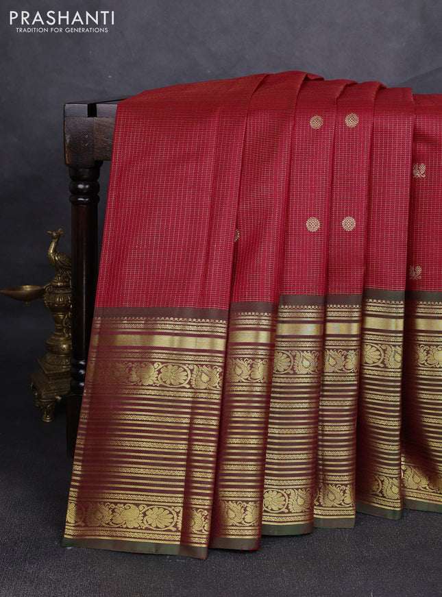 Pure kanchipuram silk saree red and dual shade of green with allover small zari checks & buttas and long rich zari woven border