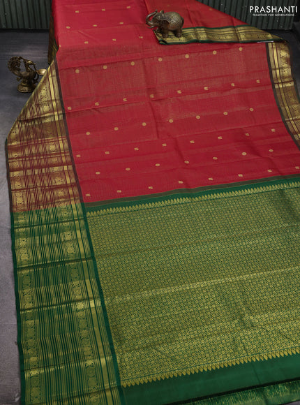 Pure kanchipuram silk saree red and dual shade of green with allover small zari checks & buttas and long rich zari woven border