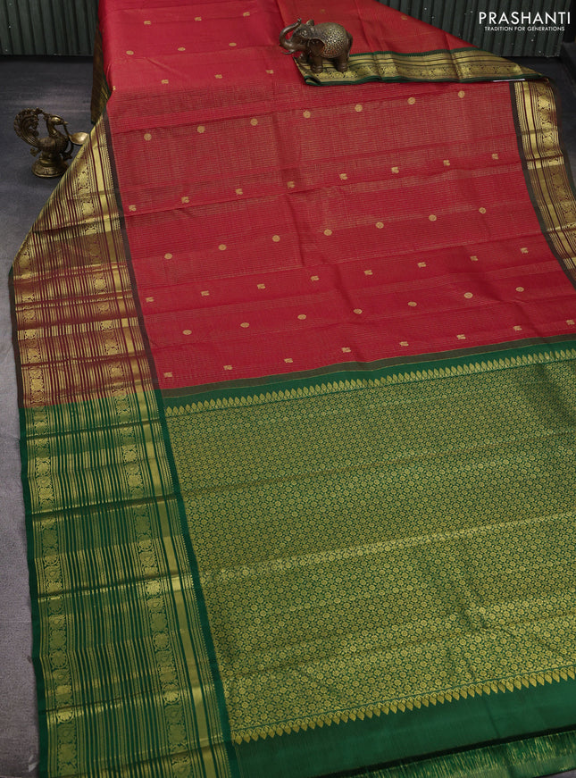 Pure kanchipuram silk saree red and dual shade of green with allover small zari checks & buttas and long rich zari woven border