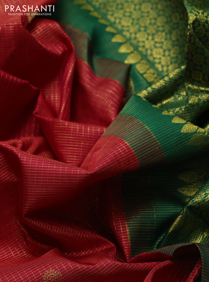 Pure kanchipuram silk saree red and dual shade of green with allover small zari checks & buttas and long rich zari woven border
