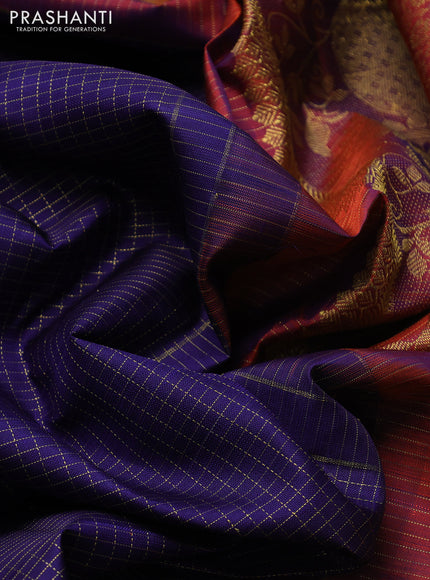 Pure kanchipuram silk saree navy blue and rustic orange with allover small zari checked pattern and long zari woven butta border