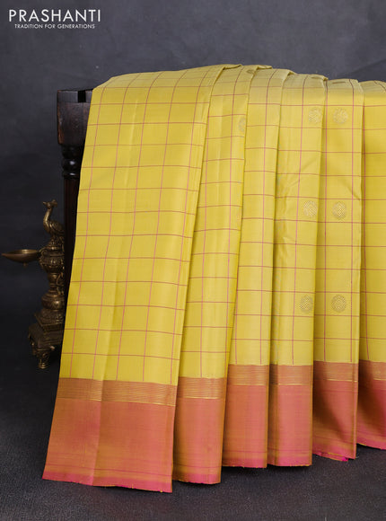 Pure kanchipuram silk saree pale yellow and dual shade of pink with allover thread checks & annam zari buttas and zari woven simple border
