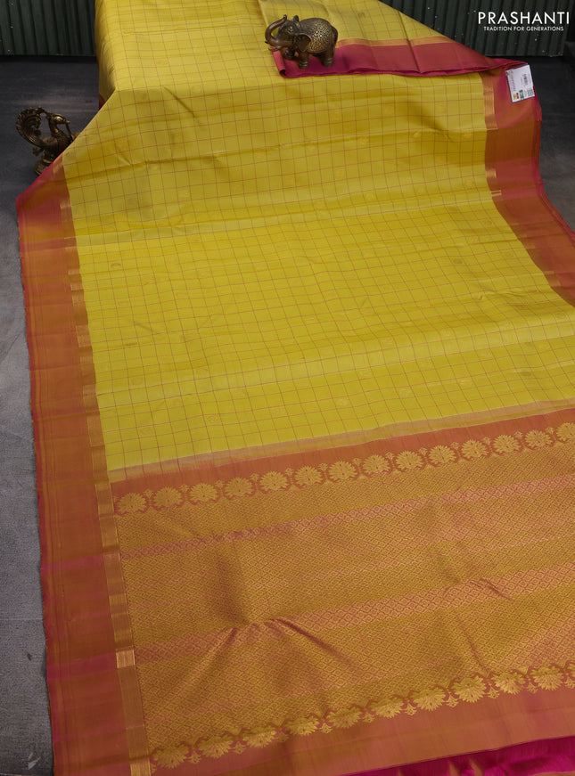 Pure kanchipuram silk saree pale yellow and dual shade of pink with allover thread checks & annam zari buttas and zari woven simple border