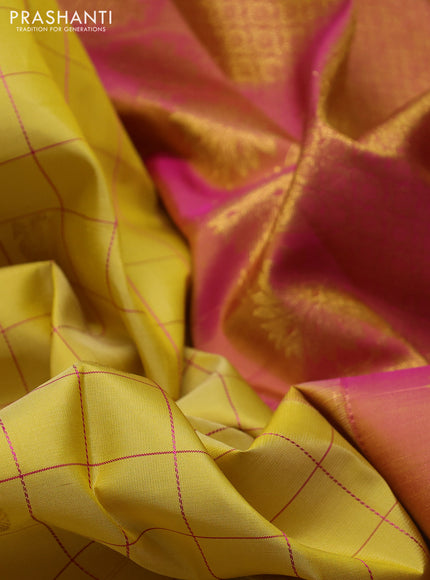 Pure kanchipuram silk saree pale yellow and dual shade of pink with allover thread checks & annam zari buttas and zari woven simple border