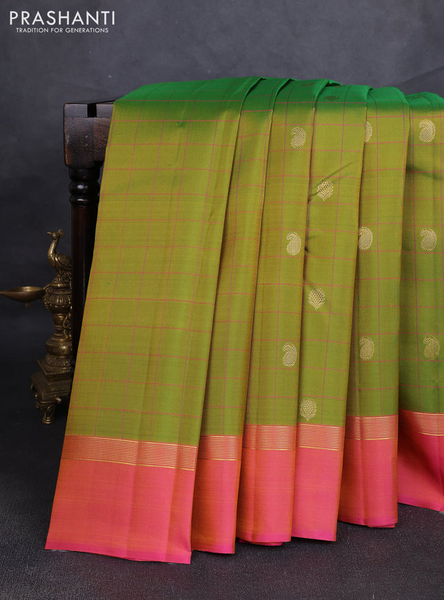 Pure kanchipuram silk saree light green and pink with allover thread checks & buttas and zari woven simple border