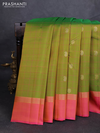 Pure kanchipuram silk saree light green and pink with allover thread checks & buttas and zari woven simple border