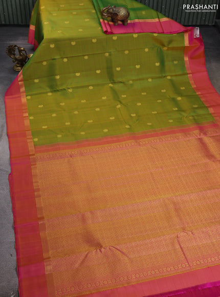Pure kanchipuram silk saree light green and pink with allover thread checks & buttas and zari woven simple border