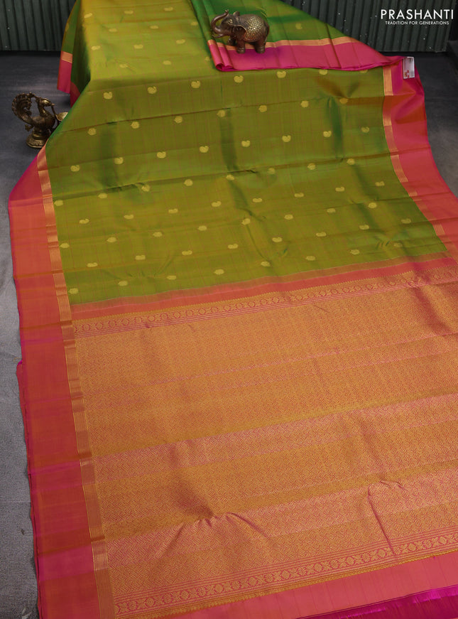 Pure kanchipuram silk saree light green and pink with allover thread checks & buttas and zari woven simple border