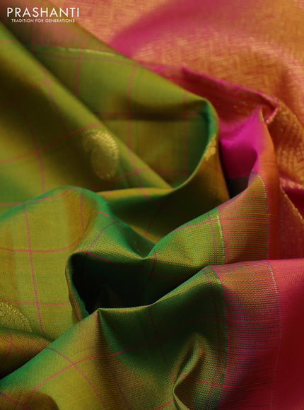 Pure kanchipuram silk saree light green and pink with allover thread checks & buttas and zari woven simple border