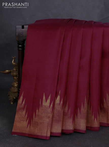 Pure kanchipuram silk saree deep maroon with plain body and temple zari woven border