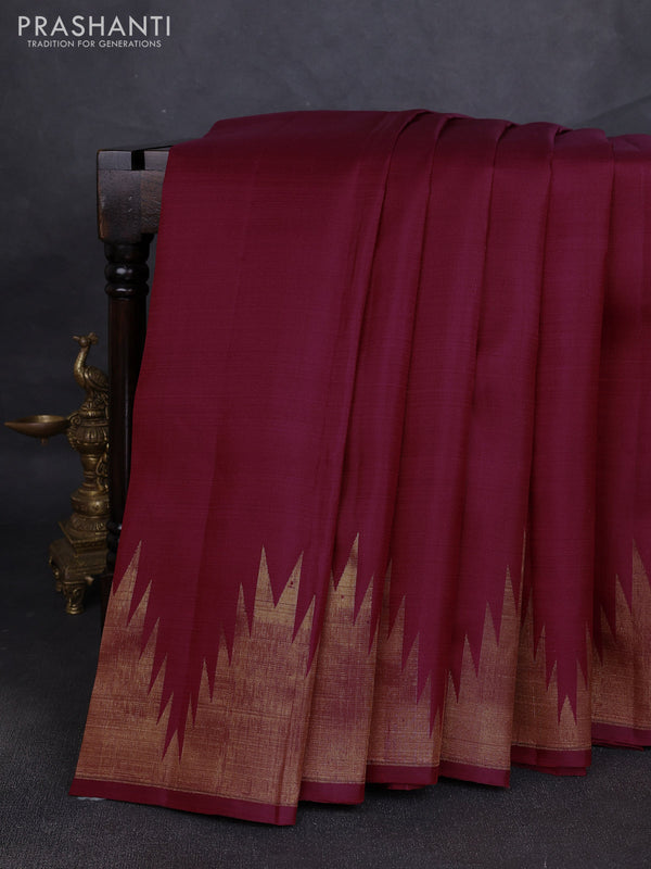 Pure kanchipuram silk saree deep maroon with plain body and temple zari woven border
