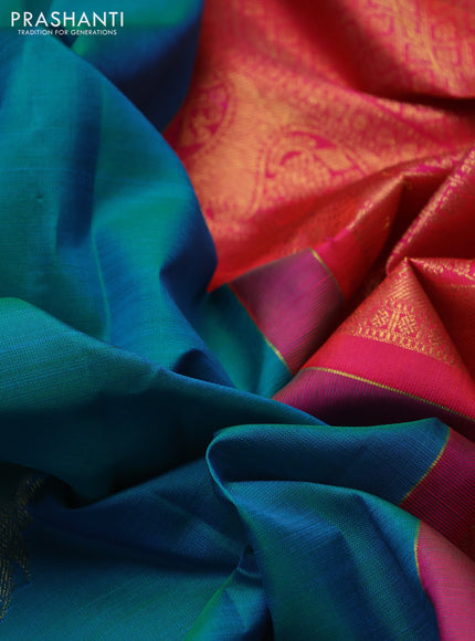 Pure kanchipuram silk saree cs blue and dual shade of pinkish orange with zari woven buttas in borderless style