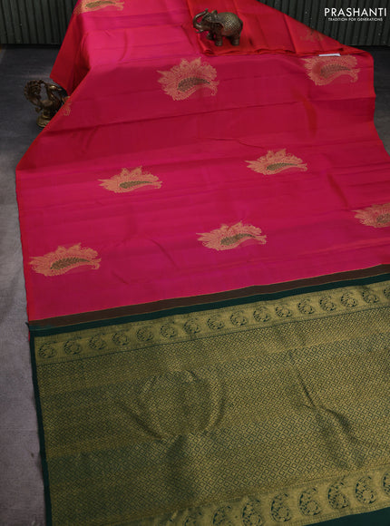 Pure kanchipuram silk saree dual shade of pinkish orange and green with zari woven buttas in borderless style
