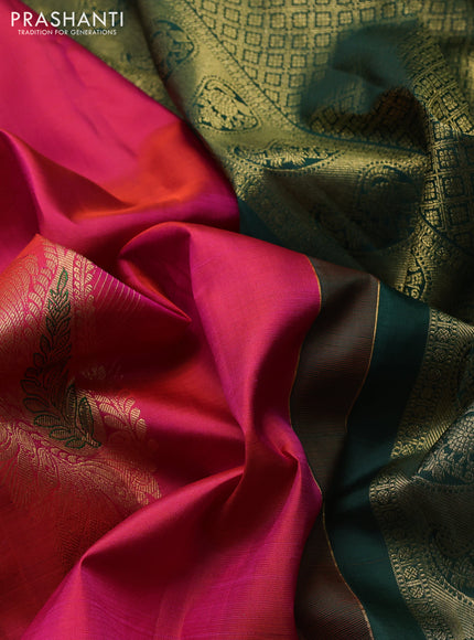 Pure kanchipuram silk saree dual shade of pinkish orange and green with zari woven buttas in borderless style