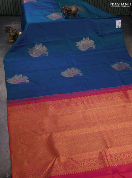 Pure kanchipuram silk saree cs blue and dual shade of pinkish orange with zari woven buttas in borderless style