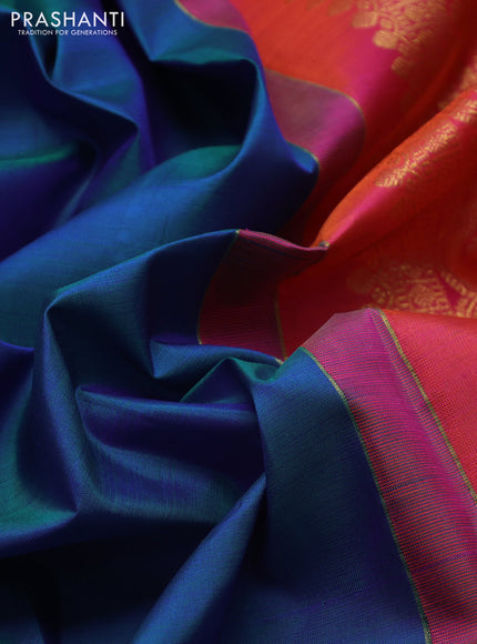Pure kanchipuram silk saree cs blue and dual shade of pinkish orange with zari woven buttas in borderless style