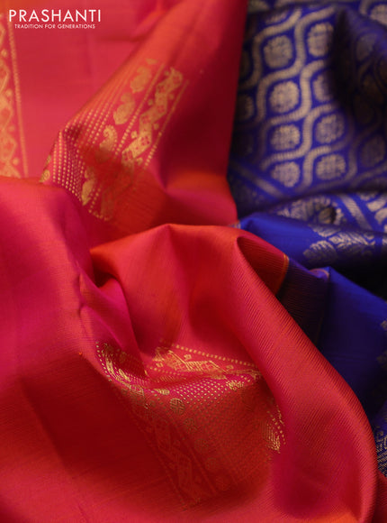 Pure kanchipuram silk saree dual shade of pinkish orange and blue with allover zari weaves & buttas in borderless style