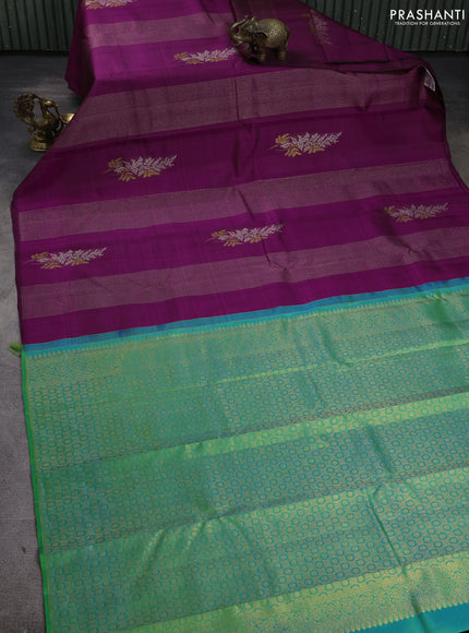 Pure kanchipuram silk saree purple and dual shade of green with allover zari weaves & buttas in borderless style