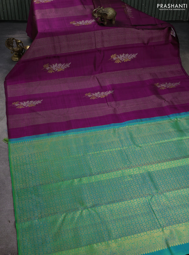 Pure kanchipuram silk saree purple and dual shade of green with allover zari weaves & buttas in borderless style