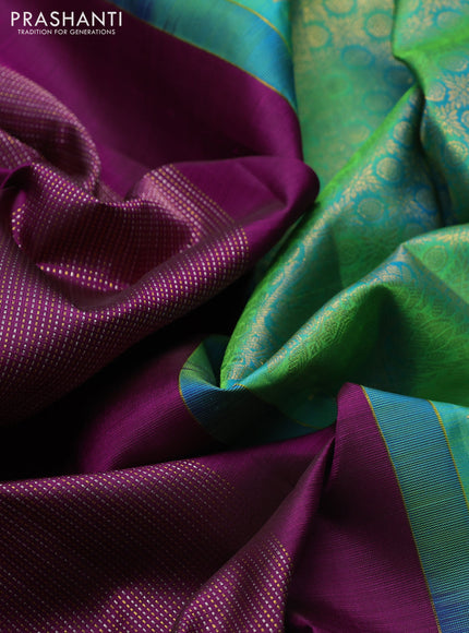 Pure kanchipuram silk saree purple and dual shade of green with allover zari weaves & buttas in borderless style