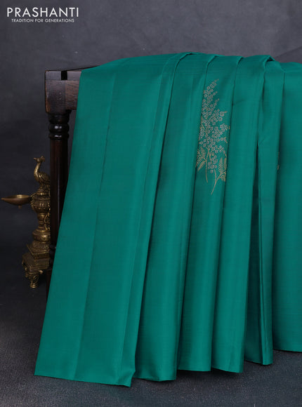 Pure kanchipuram silk saree teal blue and pink with silver & gold zari woven buttas in borderless style