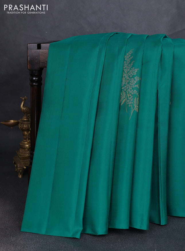 Pure kanchipuram silk saree teal blue and pink with silver & gold zari woven buttas in borderless style