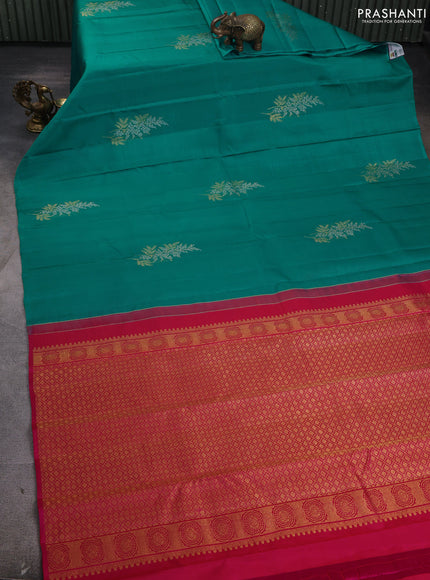 Pure kanchipuram silk saree teal blue and pink with silver & gold zari woven buttas in borderless style
