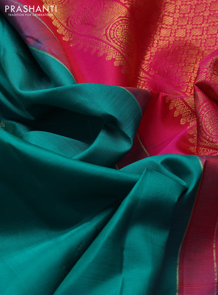 Pure kanchipuram silk saree teal blue and pink with silver & gold zari woven buttas in borderless style