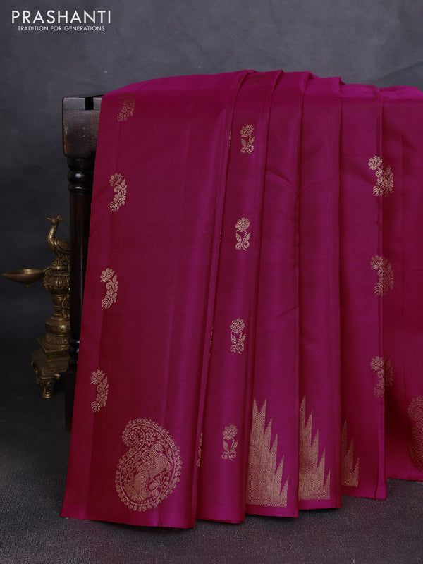 Pure kanchipuram silk saree pink and green with allover zari woven buttas in borderless style