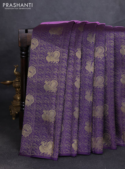Pure kanchipuram silk saree purple and deep violet with half & half style and long annam zari woven border