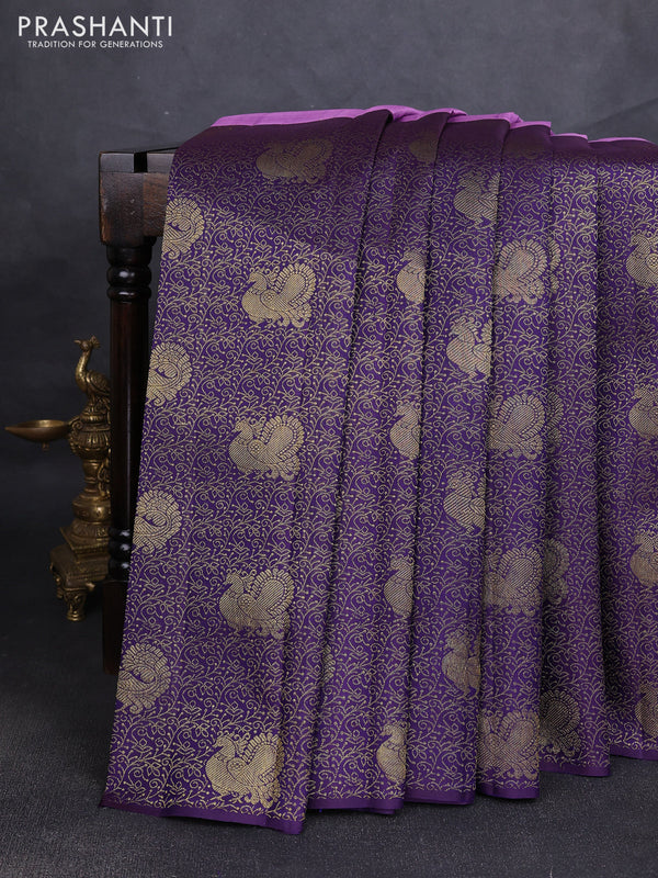 Pure kanchipuram silk saree purple and deep violet with half & half style and long annam zari woven border