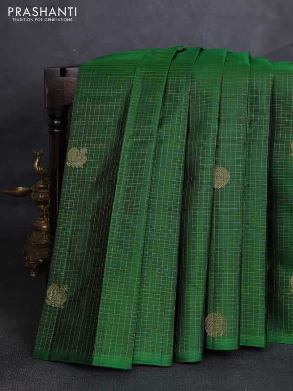 Pure kanchipuram silk saree green and purple with allover zari checks & buttas in borderless style