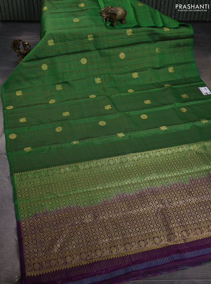 Pure kanchipuram silk saree green and purple with allover zari checks & buttas in borderless style