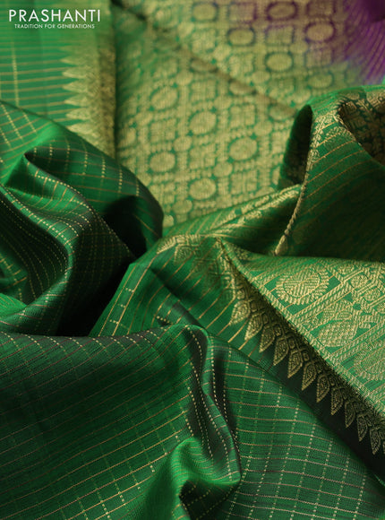 Pure kanchipuram silk saree green and purple with allover zari checks & buttas in borderless style