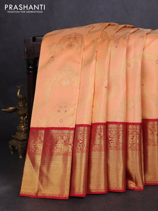 Pure kanchipuram silk saree orange and red with allover zari woven jewellery design and long rich zari woven border