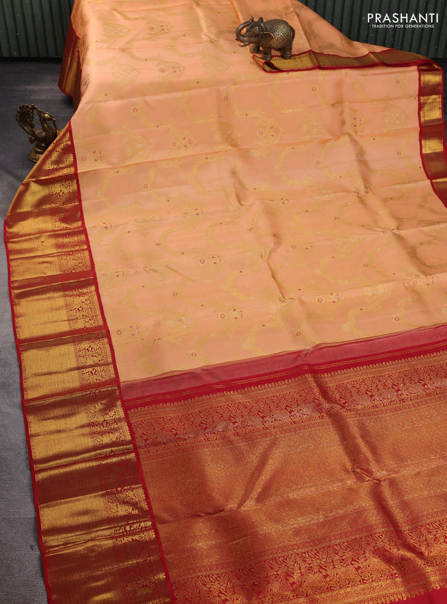 Pure kanchipuram silk saree orange and red with allover zari woven jewellery design and long rich zari woven border