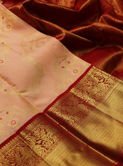 Pure kanchipuram silk saree orange and red with allover zari woven jewellery design and long rich zari woven border